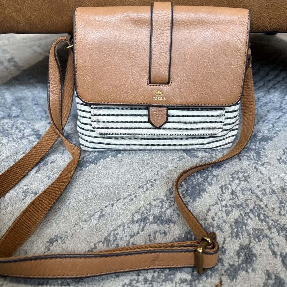 Vintage FOSSIL Black&White Stripe KINLEY Leather Trim CROSSBODY Bag Purse P